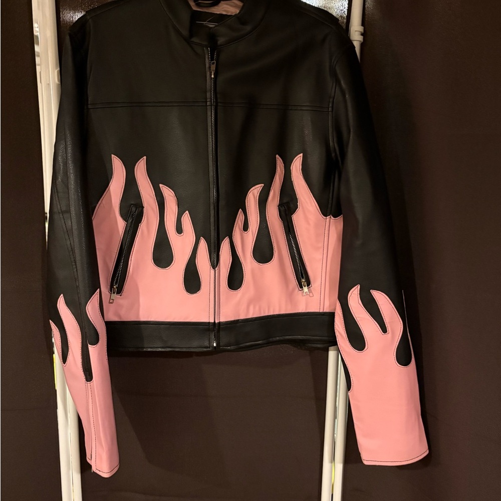 Stylish Black and Pink Flame motorcycle, faux, leather Jacket